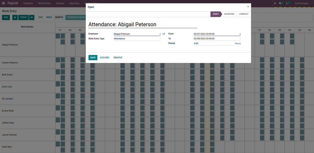 Quản lý chấm công trên Odoo ERP
