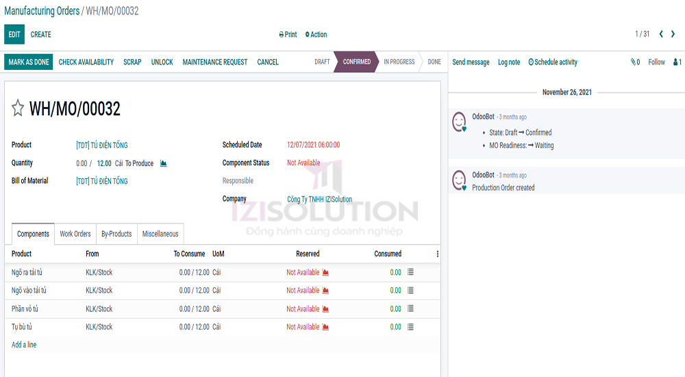 Quản lý sản xuất trên phần mềm Odoo 15