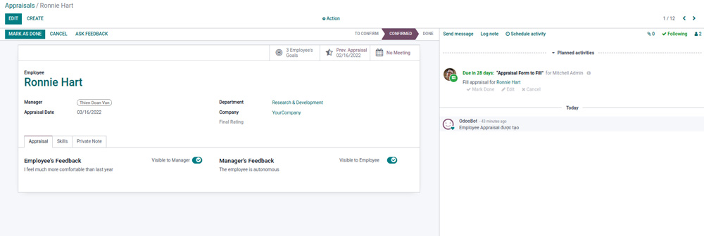 Tính năng đánh giá nhân sự Odoo 15